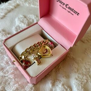 Juicy Couture Gold-Tone Charm Bracelet Watch with Pink & Red Accents